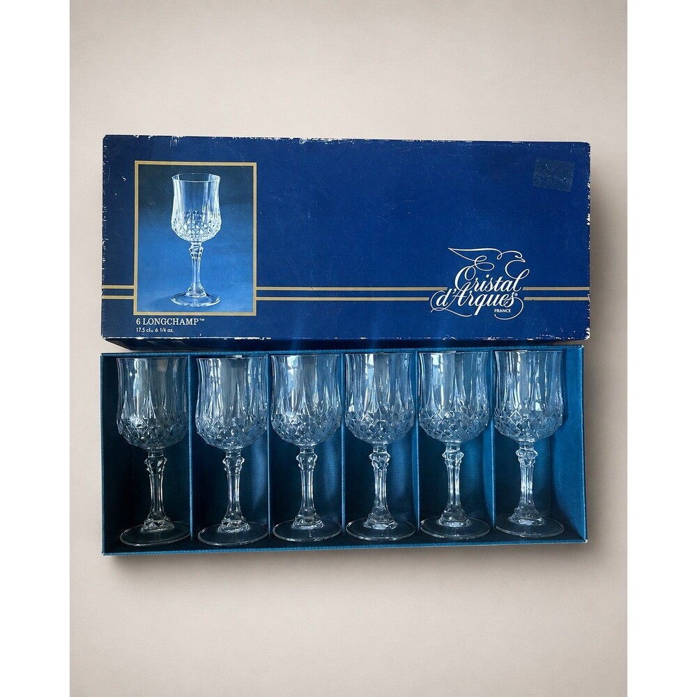 Cristal d’Arques Longchamp Crystal Wine Glasses Set of 6 France 6.25 oz Boxed